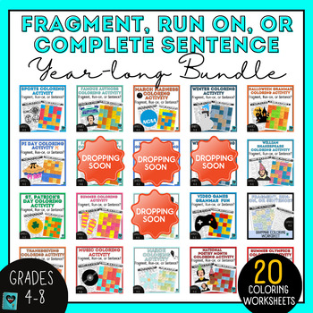 Preview of Fragment Run on Grammar Activity Coloring Pages Worksheets Bundle 6th 7th ELA