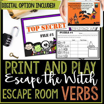 Preview of ELA Halloween Escape Room Game Activity Breakout All About Verbs