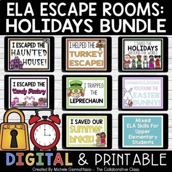 Preview of ELA Holiday Escape Room Bundle Escape Room w/ Easter Escape | Print & Digital