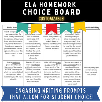 Preview of ELA Homework Choice Board