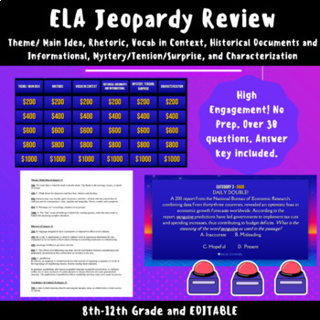 Preview of ELA Jeopardy Review (Theme, Rhetoric, Historic Docs, Vocab, Character, Tension)