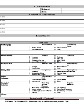 Preview of ELA Lesson Plan Template with Embedded Common Core Standards