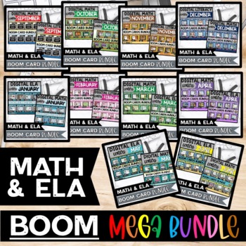 Preview of ELA Literacy and Math Centers Boom Cards Digital Games YEAR LONG Bundle