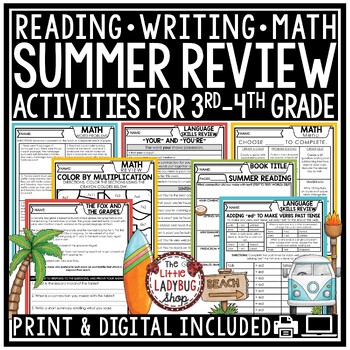 Preview of 3rd 4th Grade Summer School Review Packet Writing Prompts Reading ELA Math