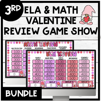 Preview of 3rd ELA & Math Valentine Review Game Show | Test Prep | No Prep | Jeopardy Style