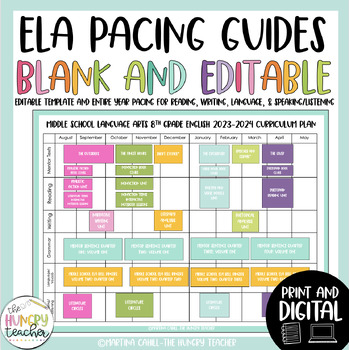Preview of ELA Pacing Guide Curriculum Map Editable and Digital Scope Sequence 6th 7th 8th