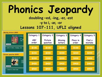Preview of ELA, Phonics, Jeopardy Game, Doubling, Dropping, UFLI aligned, 107-111