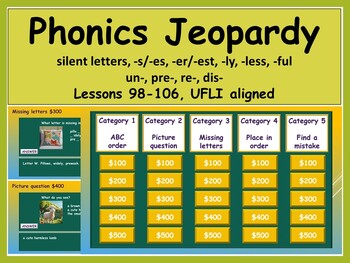 Preview of ELA, Phonics, Jeopardy Game, Suffixes, Prefixes,  UFLI aligned, 98-106