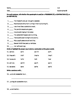 ela possessive nouns contractions apostrophes worksheet 2 by write noise