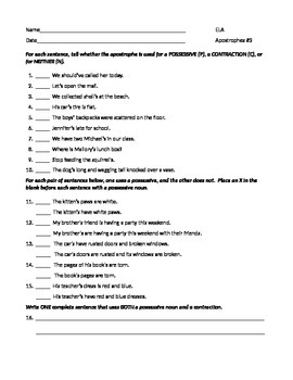 ELA Possessive Nouns & Contractions Apostrophes Worksheet #3 by Write Noise