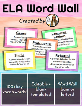 Preview of ELA Printable Word Wall, 6th to 8th- Watercolor Rainbow Theme