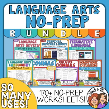 Preview of ELA Review No Prep Bundle, Grammar and Vocabulary Print Worksheets & Digital
