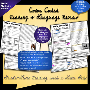 Preview of ELA Review with Reading Passages - Color Coded - World Mystery Edition!