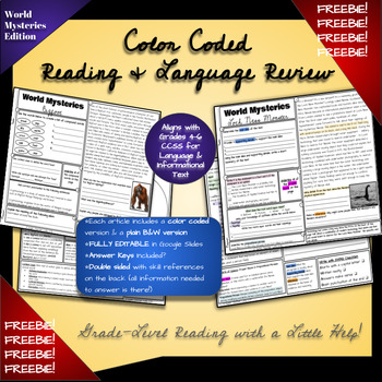 Preview of ELA Review with Reading Passages - Color Coded - World Mystery Edition! FREEBIE!
