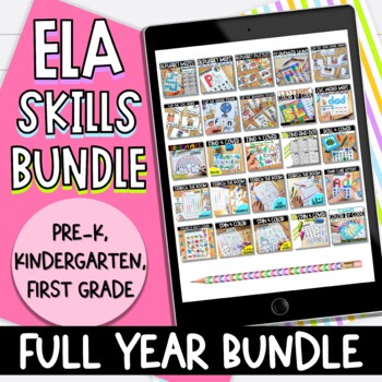 Preview of ELA Skills Centers Full Year Bundle | Pre-K, Kindergarten, and First Grade