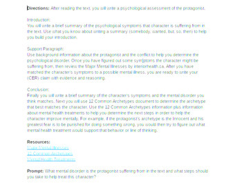 Preview of ELA Skills: Psychological Assessment of a Character Focus: Essay Task