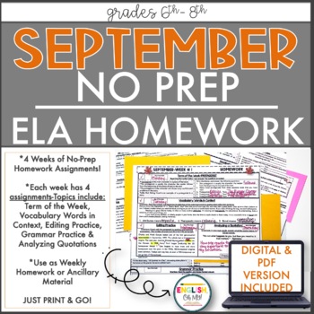 Preview of ELA Spiral Review | No Prep Homework or Morning Work {September}
