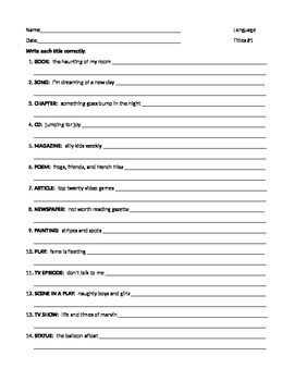 Preview of ELA TITLES Underlining/Italicizing & Quotation Marks Worksheets x3 & Test