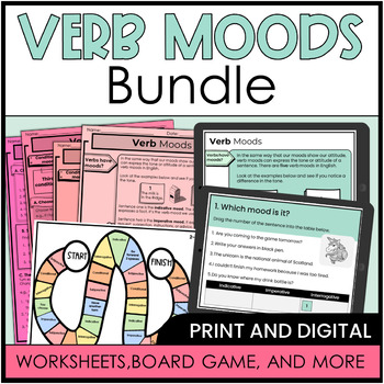 Preview of ELA Verb Moods Bundle Worksheets Board Game 7th, 8th, 9th, 10th Grade Grammar