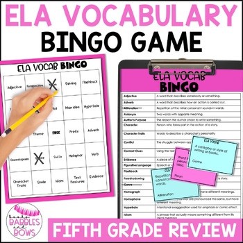 Preview of ELA Vocabulary Bingo Game Review 4th, 5th, 6th Grade