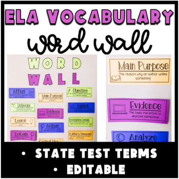 Preview of ELA Vocabulary Word Wall, Test Prep Verbs, 4th-12th Grade, CCSS Aligned