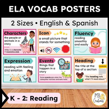 Preview of K, 1st, 2nd Grade ELA Word Wall - English/Spanish - Reading Vocabulary Posters