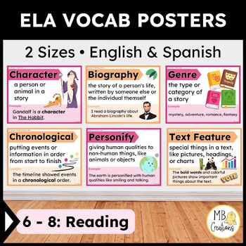 Preview of 6th, 7th, 8th Grade ELA Word Wall English/Spanish - Reading Vocabulary Posters