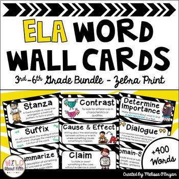 Preview of ELA Word Wall 3rd-6th grade BUNDLE - Editable - Zebra Print