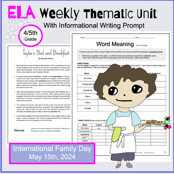Preview of ELA thematic unit International Family Day May 15th informational writing prompt
