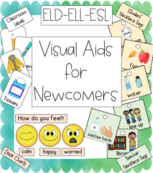 Preview of ELD ELL EFL Newcomers Visual Aids: Desk Charts, Classroom Labels, Necklace Tags