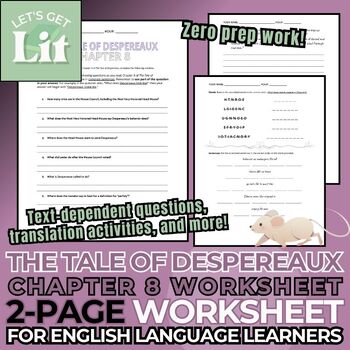 Preview of The Tale of Despereaux: Chapter 8 - Worksheets for ML Students