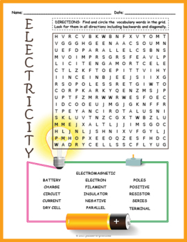 Preview of ELECTRICITY & MAGNETISM Word Search Worksheet Activity - 4th,5th,6th,7th Grade