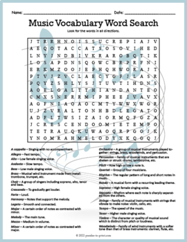 Preview of (4th 5th 6th 7th Grade) ELEMENTARY MUSIC Vocabulary Word Search Puzzle Worksheet