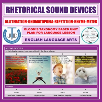 Preview of SOUND DEVICES: ALLITERATION REPETITION ONOMATOPOEIA RHYME METER - UNIT PLAN