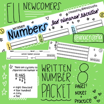 Preview of ELL ESL Newcomers: Written number graphic organizer packet 8 pages