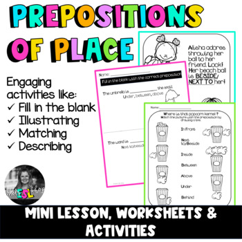 Preview of ELL/ESL Prepositions of place- Mini Lesson, Worksheets & Activities