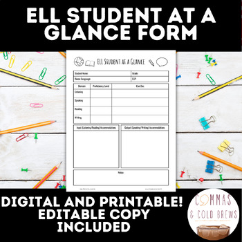 Preview of ELL ESL Student at a Glance Accommodations Form | Digital,Editable and Printable