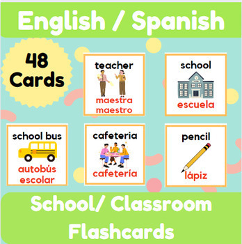 Bilingual English & Spanish classroom and school labels flashcards ELL/ ESL