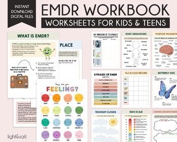 Preview of EMDR workbook for kids, EMDR Therapy, Cognition Scale, Trauma, counseling