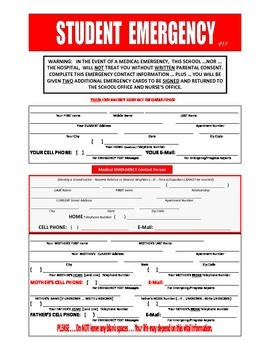 Preview of EMERGENCY CARD      FOR 1st DAY   PUT WITH FREE STUDENT  PROFILE
