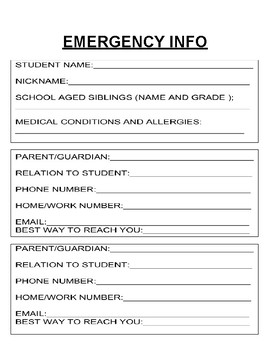emergency contact sheet by pocketful of elementary school tpt