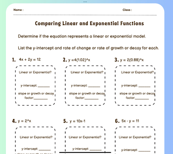 Preview of EMERGENCY LESSON PLANS- ALGEBRA 1 COMPARING LINEAR &EXPONENTIAL FUNCTIONS
