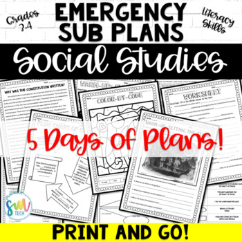 Preview of EMERGENCY SUB PLANS for Social Studies/ELA (3rd,4th!) PRINT AND GO! NO PREP!