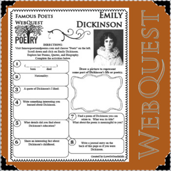 Preview of EMILY DICKINSON Poet WebQuest Research Project Poetry Biography Notes
