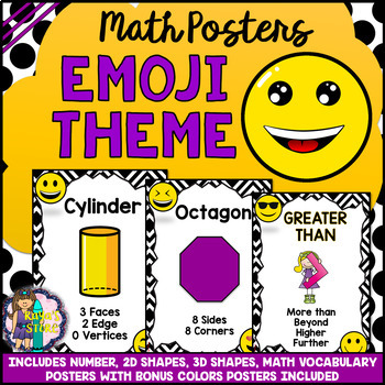 Preview of Math (Numbers, Vocabulary, Shapes, Colors) Posters EMOJI THEME BACK TO SCHOOL