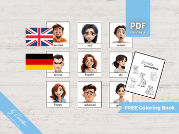 Preview of EMOTION Flashcards GERMAN Edition • FREE Animal Coloring Book Montessori