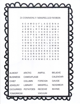 Preview of END OF SCHOOL SPELLING REVIEW - commonly misspelled words wordsearch