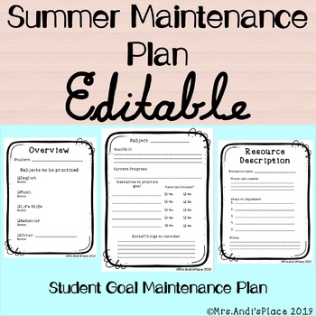 Preview of SUMMER SCHOOL/END OF SCHOOL YEAR - EDITABLE STUDENT SUMMER MAINTENANCE PLAN