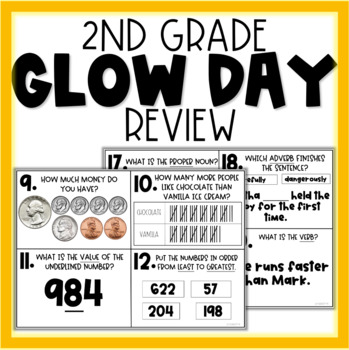 Preview of END OF THE YEAR REVIEW | 2ND GRADE | GLOW DAY STATION | TASK CARD/WALK THE ROOM