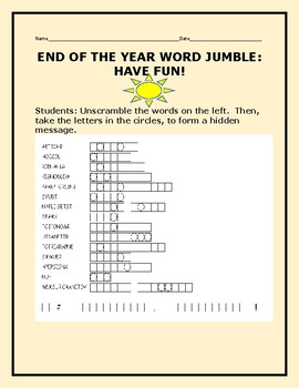 Preview of END OF THE YEAR WORD JUMBLE PUZZLE: HAVE FUN!